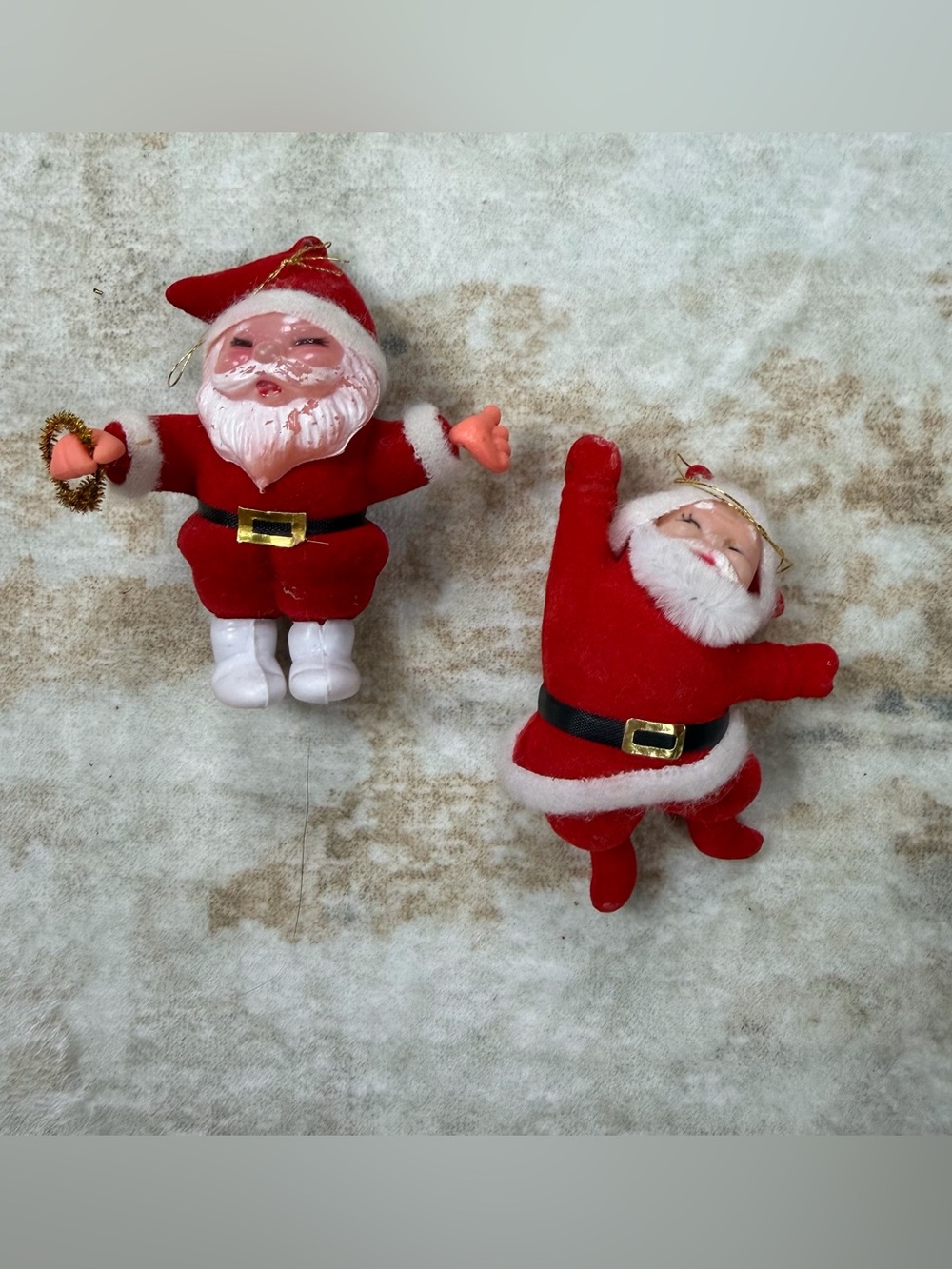 Pair of Vintage 1970s Velvet Flocked Santa Christmas Ornaments